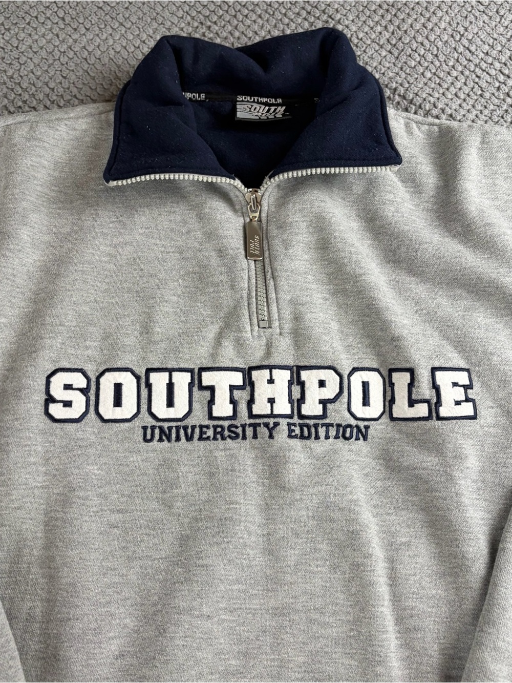 Southpole Men's Gray Quarter-Zip Sweatshirt with Navy Collar